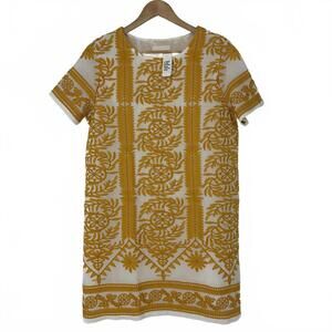 All:Row White & Gold Yellow Embroidered Short Sleeve Shift Dress Size Medium NWT